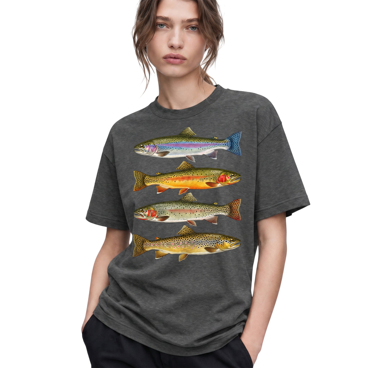 SF_COLOR=dark-heather; SF_ITEM=adult-t-shirt; SF_ROLE=gallery; Vintage Trout Species T-Shirt Fly Fishing Rainbow Brown Fish Nature Angler Tee - Dark Heather Adult T-Shirt product image
