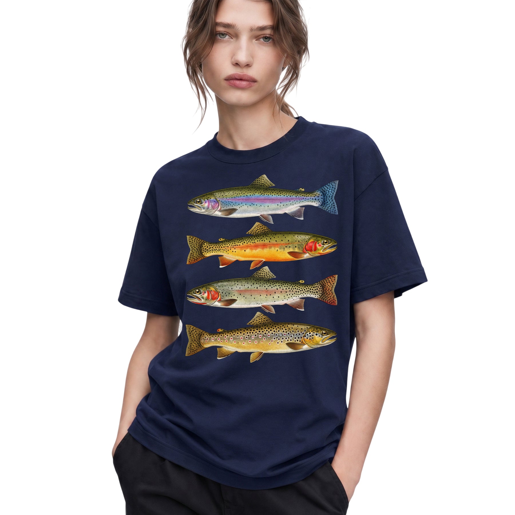 SF_COLOR=navy; SF_ITEM=adult-t-shirt; SF_ROLE=gallery; Vintage Trout Species T-Shirt Fly Fishing Rainbow Brown Fish Nature Angler Tee - Navy Adult T-Shirt product image