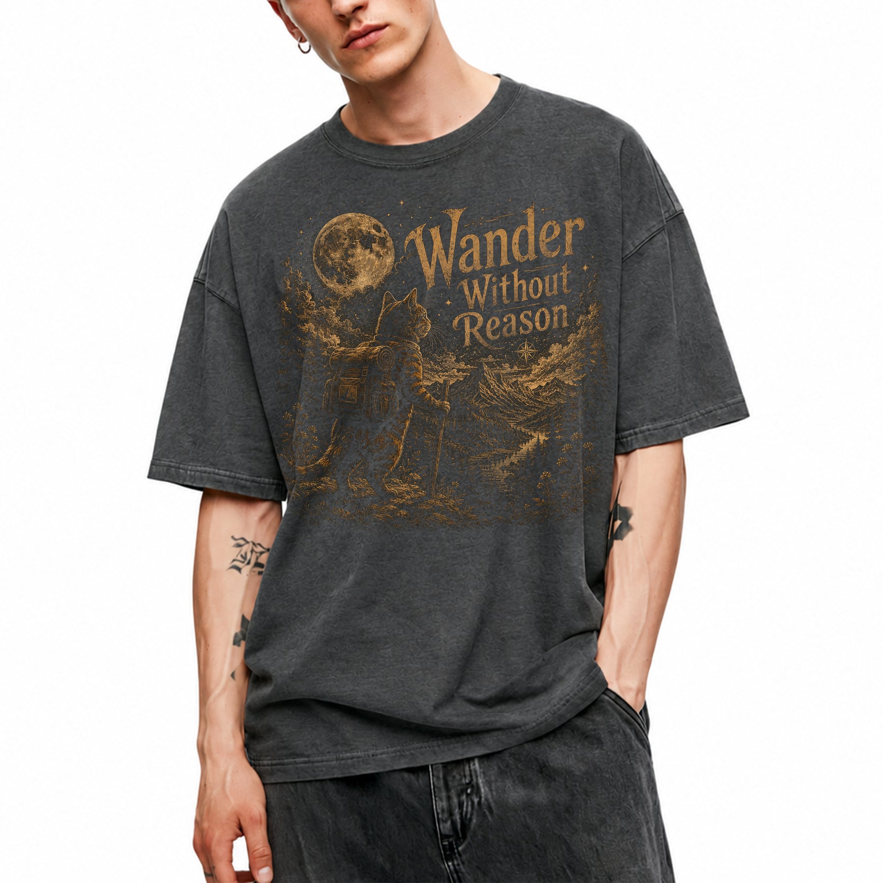 SF_COLOR=dark-heather; SF_ITEM=adult-t-shirt; SF_ROLE=main; Wander Without Reason T-Shirt Hiking Cat Backpacker Vintage Mountains Graphic - Dark Heather Adult T-Shirt product image