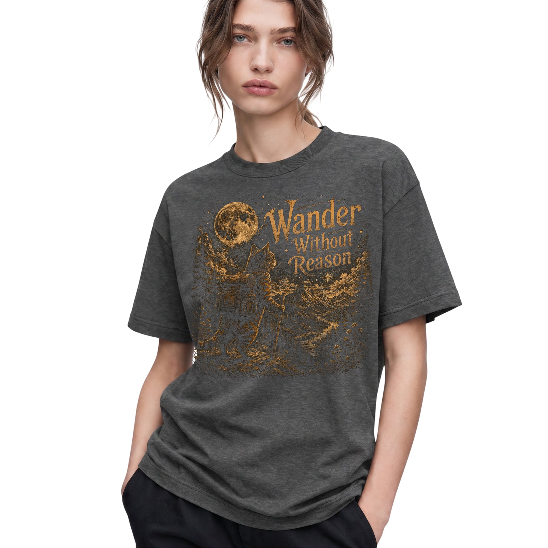 SF_COLOR=dark-heather; SF_ITEM=adult-t-shirt; SF_ROLE=gallery; Wander Without Reason T-Shirt Hiking Cat Backpacker Vintage Mountains Graphic - Dark Heather Adult T-Shirt product image