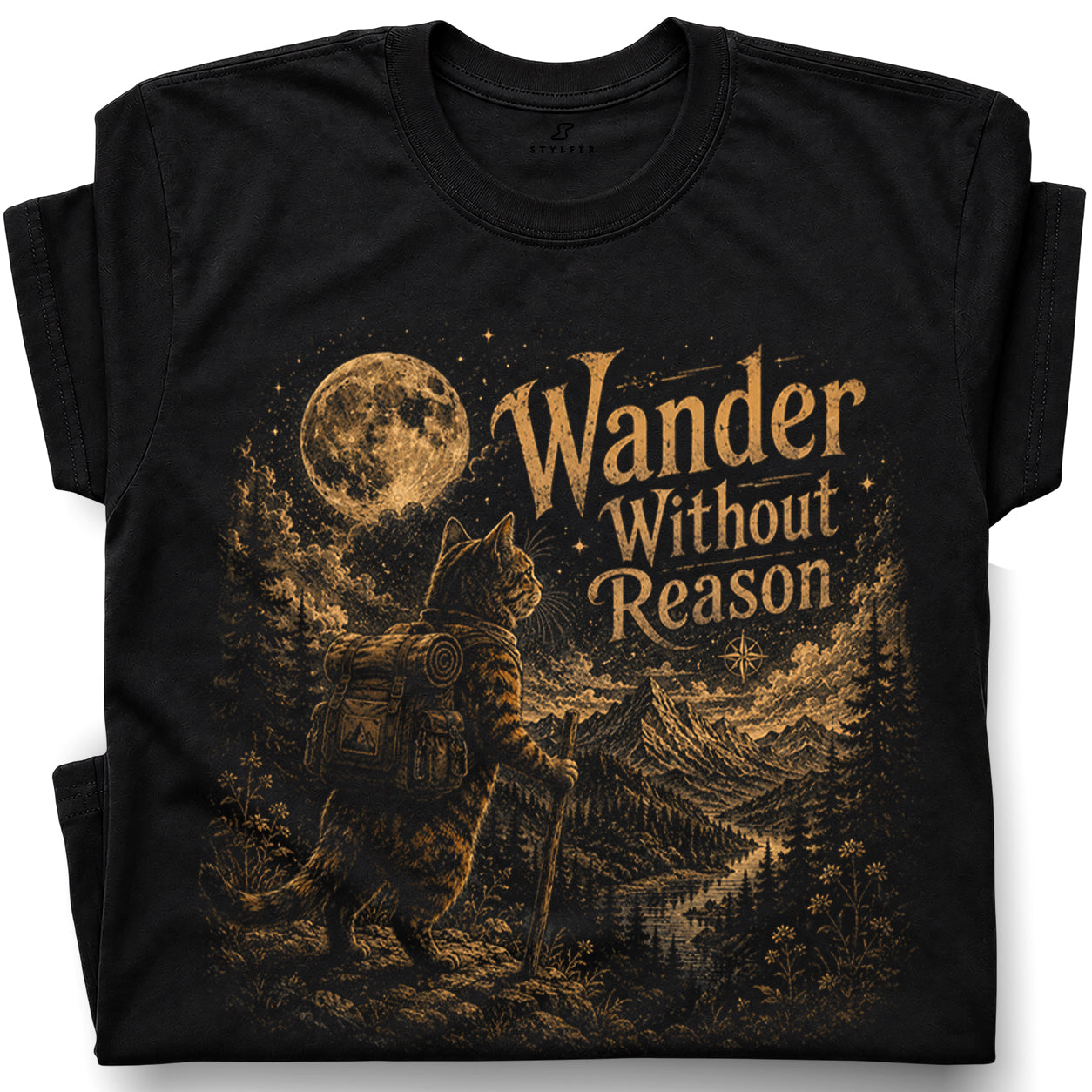 SF_COLOR=black; SF_ITEM=adult-t-shirt; SF_ROLE=gallery; Wander Without Reason T-Shirt Hiking Cat Backpacker Vintage Mountains Graphic - Black Adult T-Shirt product image