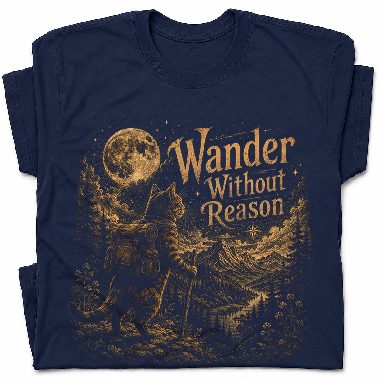 SF_COLOR=navy; SF_ITEM=adult-t-shirt; SF_ROLE=gallery; Wander Without Reason T-Shirt Hiking Cat Backpacker Vintage Mountains Graphic - Navy Adult T-Shirt product image
