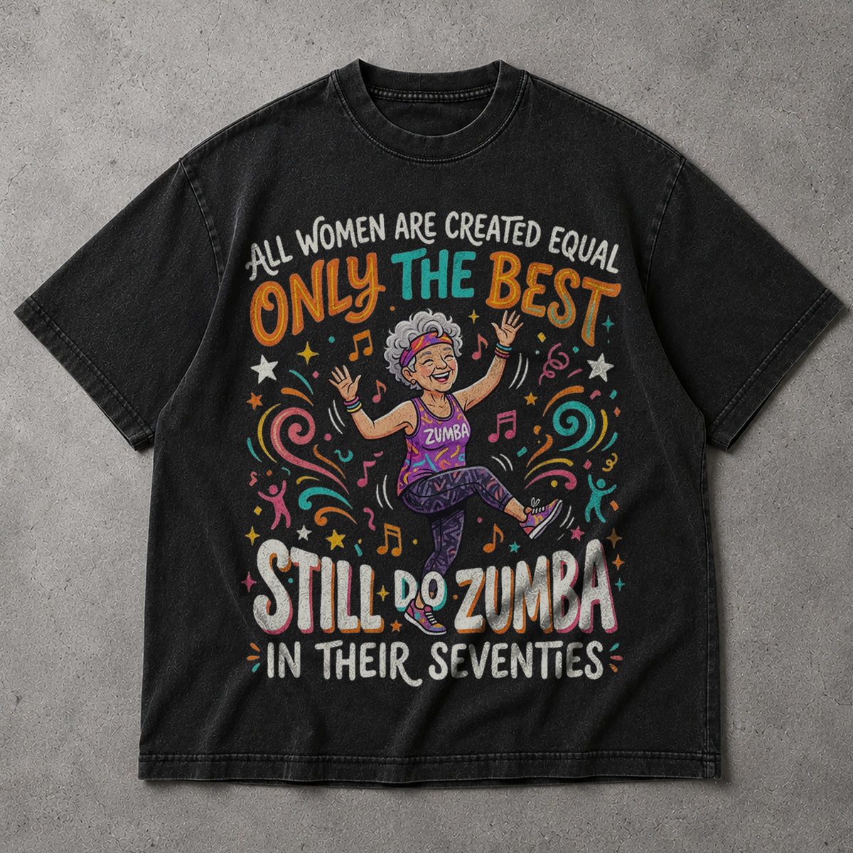 SF_COLOR=black; SF_ITEM=adult-t-shirt; SF_ROLE=main; Zumba In Their Seventies T-Shirt Retro Dance Workout Fitness Hobby Apparel - Black Adult T-Shirt product image